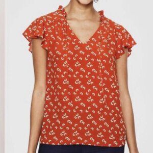 Boden Angelica Top Red Orange Flora Ruffled Shirt V Neck Blouse SIZE: 16